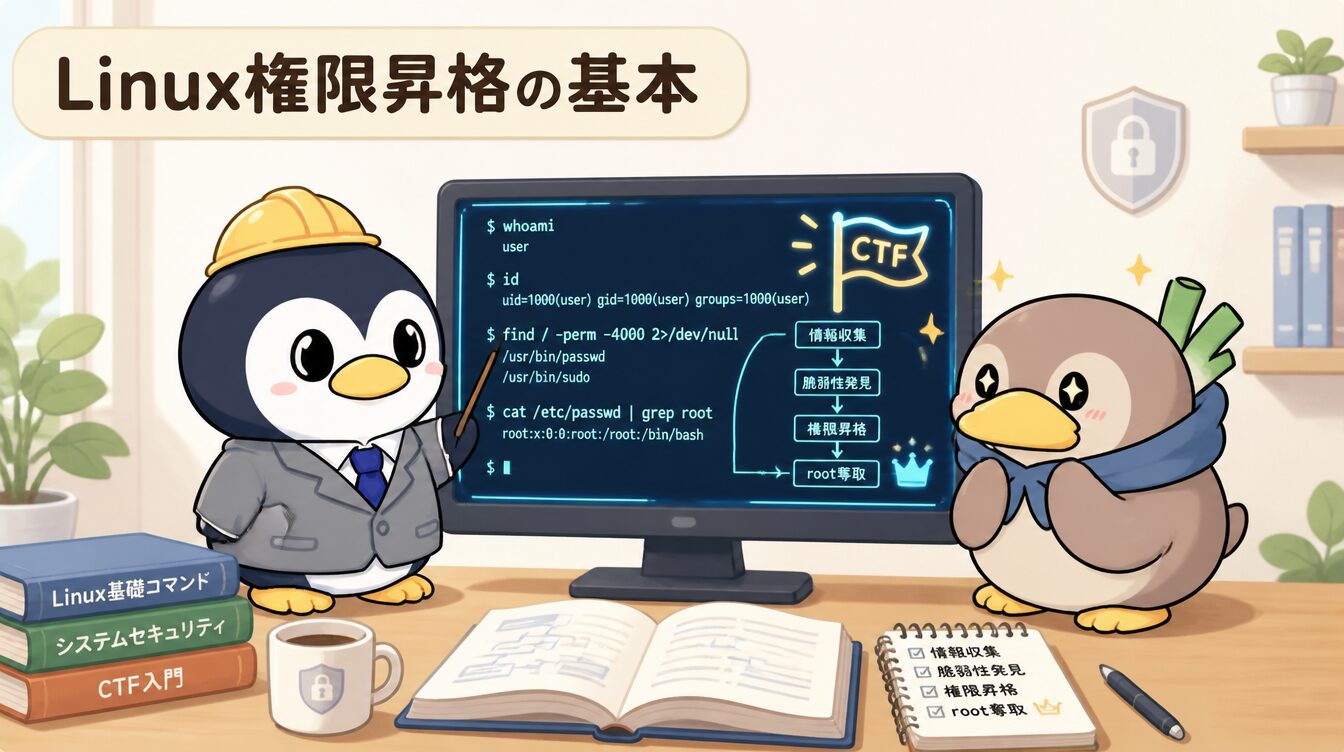 かも次郎とアンペンが「Linux権限昇格の基本」を解説するマスコットイラスト