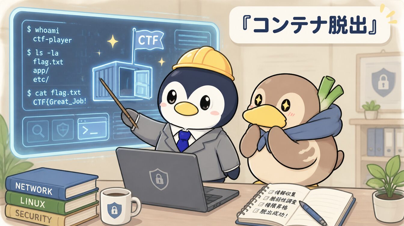 かも次郎とアンペンが「コンテナ脱出」を解説するマスコットイラスト