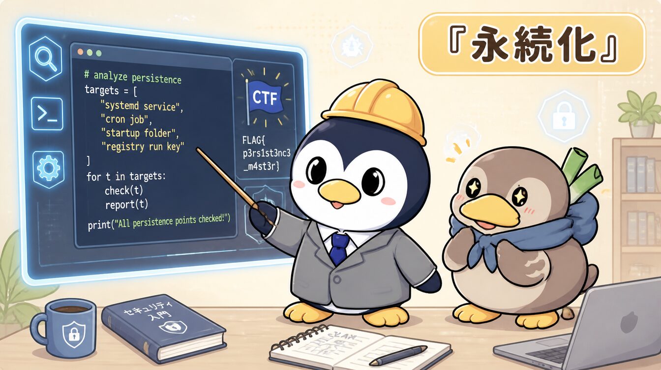 かも次郎とアンペンが「永続化」を解説するマスコットイラスト