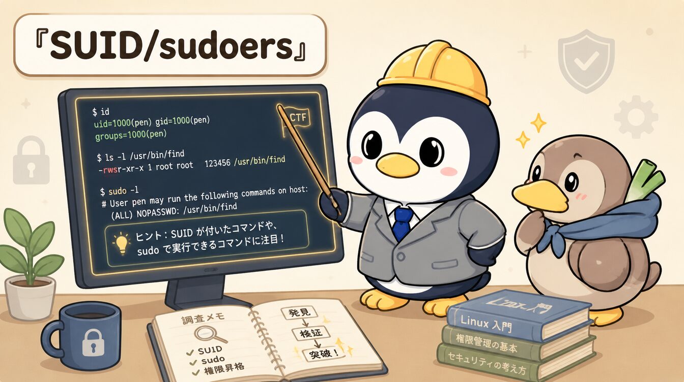 かも次郎とアンペンが「SUID/sudoers」を解説するマスコットイラスト