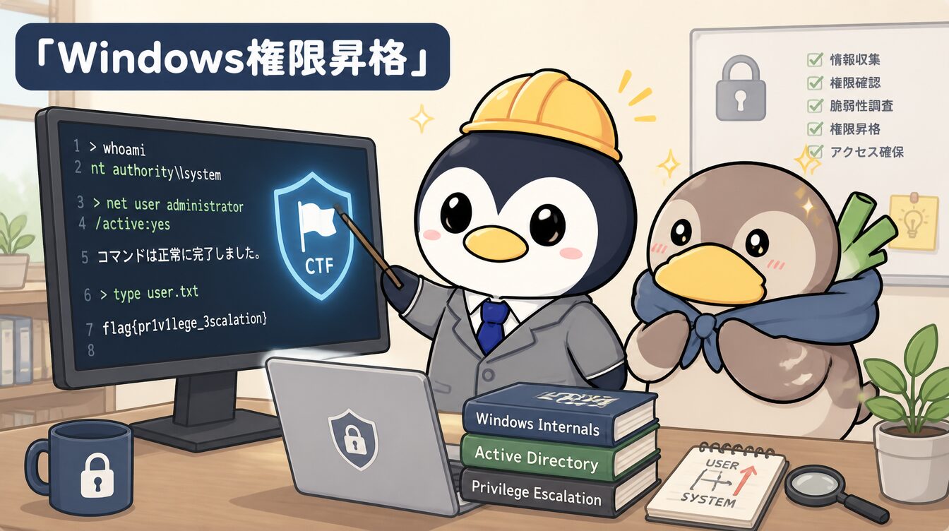 かも次郎とアンペンが「Windows権限昇格」を解説するマスコットイラスト