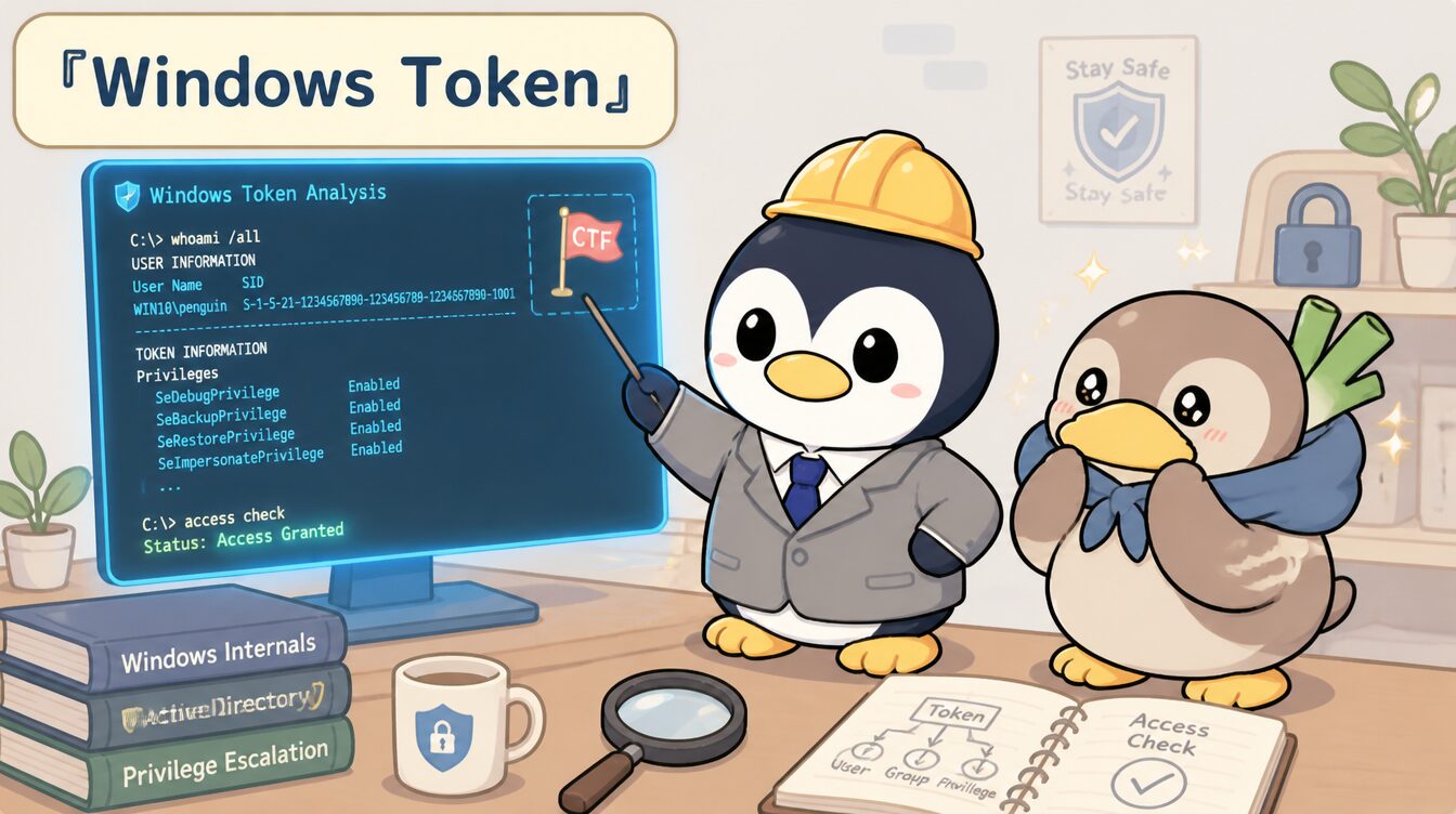 かも次郎とアンペンが「Windows Token」を解説するマスコットイラスト
