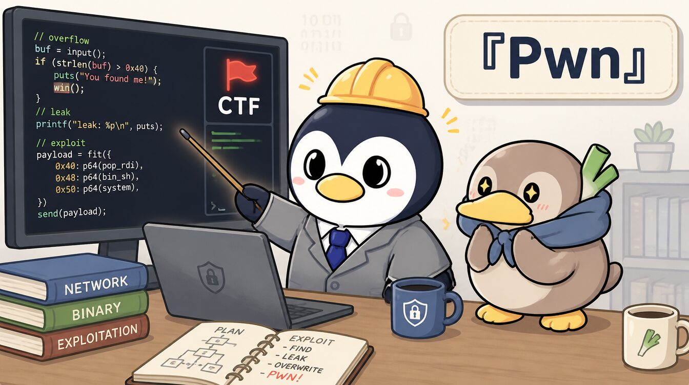 かも次郎とアンペンが「Pwn」を解説するマスコットイラスト