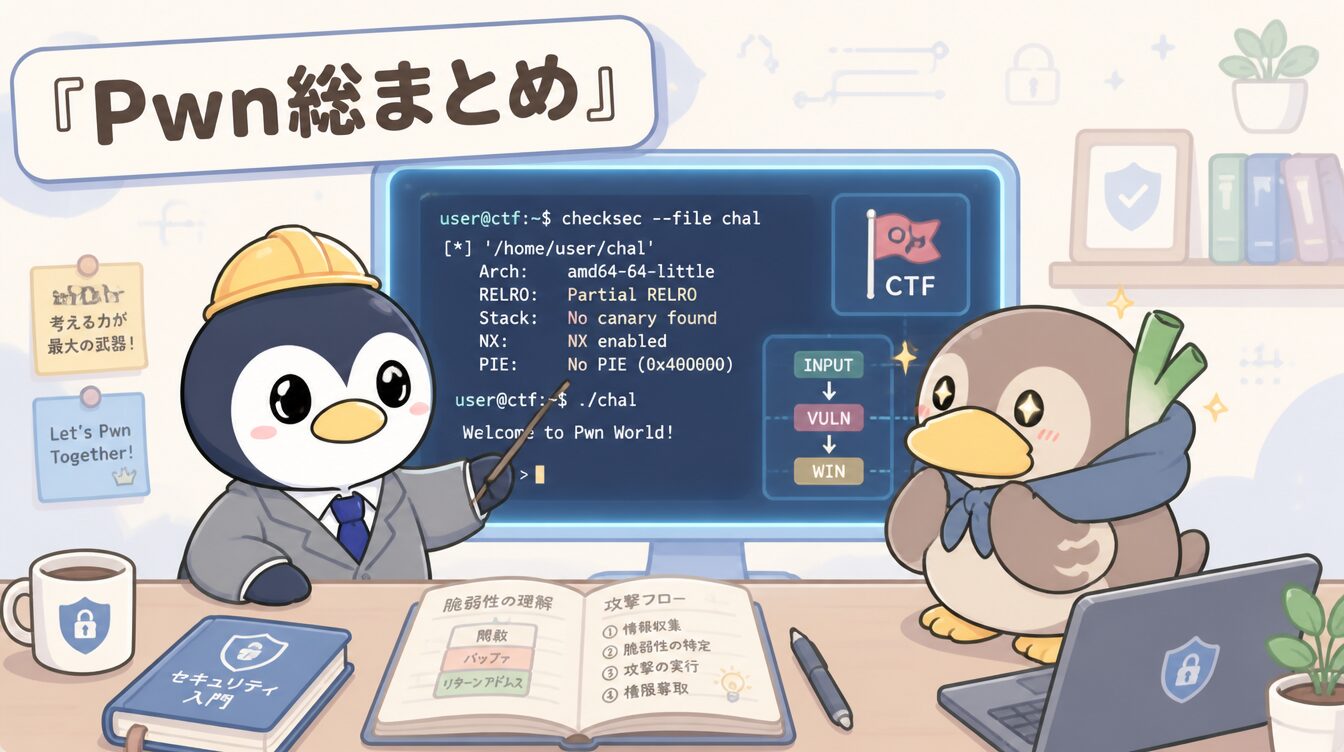 かも次郎とアンペンが「Pwn総まとめ」を解説するマスコットイラスト
