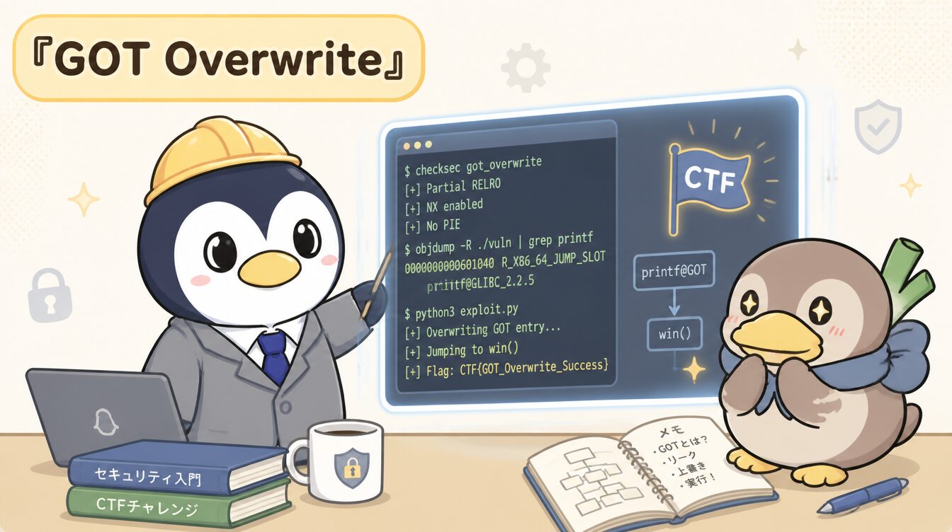 かも次郎とアンペンが「GOT Overwrite」を解説するマスコットイラスト
