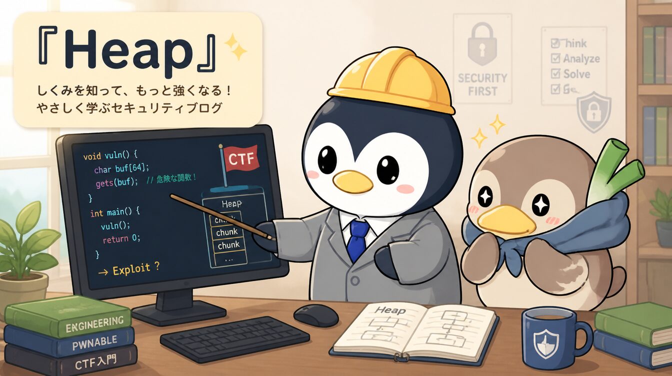 かも次郎とアンペンが「Heap」を解説するマスコットイラスト