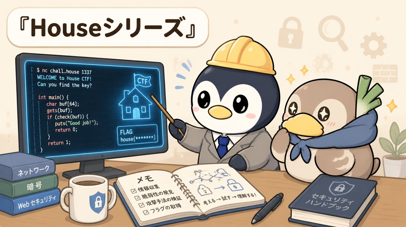かも次郎とアンペンが「Houseシリーズ」を解説するマスコットイラスト