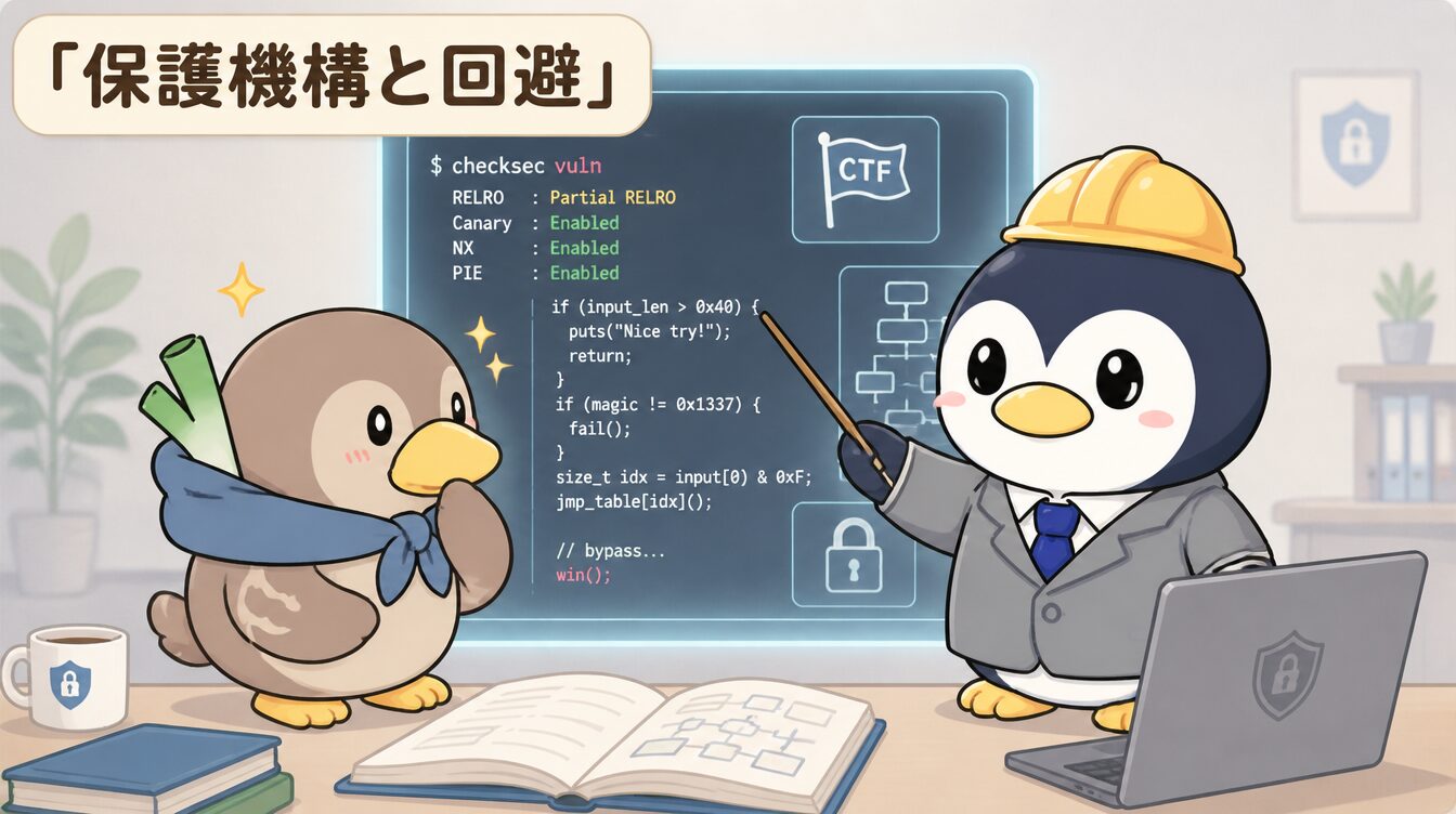 かも次郎とアンペンが「保護機構と回避」を解説するマスコットイラスト