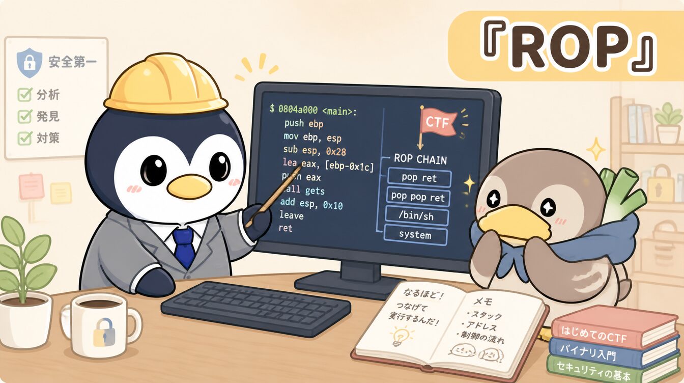 かも次郎とアンペンが「ROP」を解説するマスコットイラスト