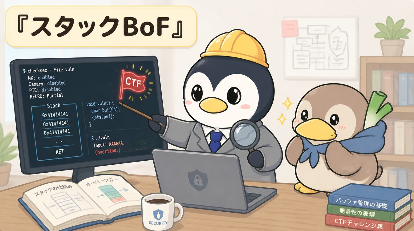 かも次郎とアンペンが「スタックBoF」を解説するマスコットイラスト