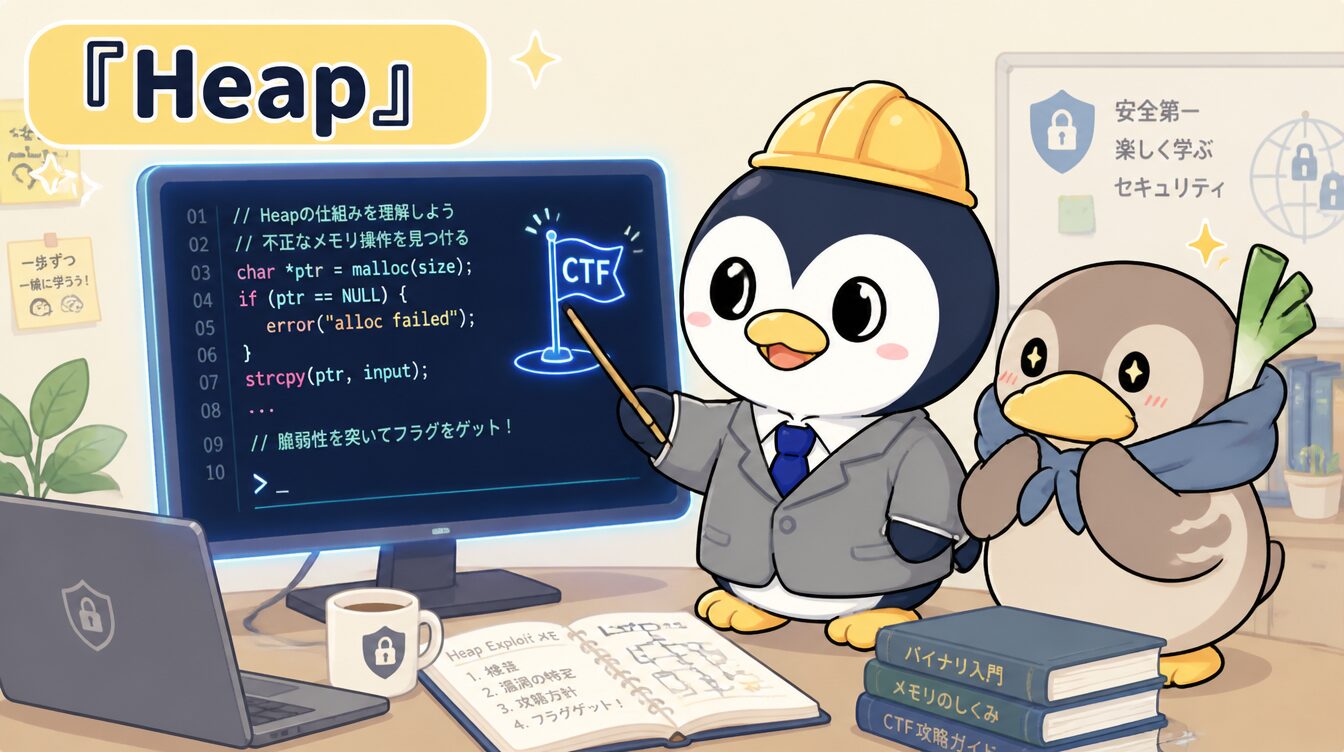 かも次郎とアンペンが「Heap」を解説するマスコットイラスト