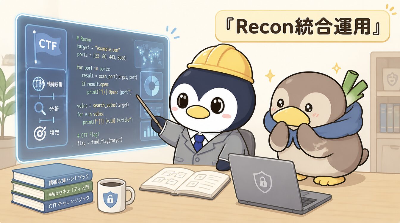 かも次郎とアンペンが「Recon統合運用」を解説するマスコットイラスト