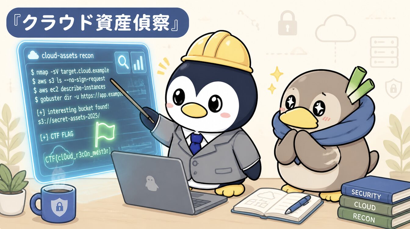 かも次郎とアンペンが「クラウド資産偵察」を解説するマスコットイラスト