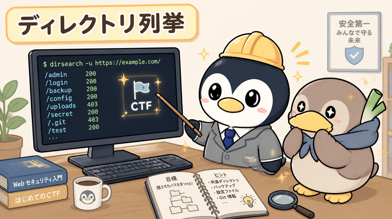 かも次郎とアンペンが「ディレクトリ列挙」を解説するマスコットイラスト