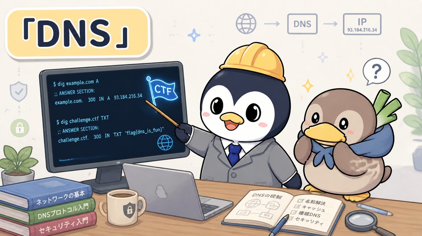 かも次郎とアンペンが「DNS」を解説するマスコットイラスト