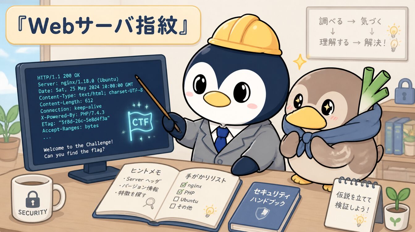 かも次郎とアンペンが「Webサーバ指紋」を解説するマスコットイラスト
