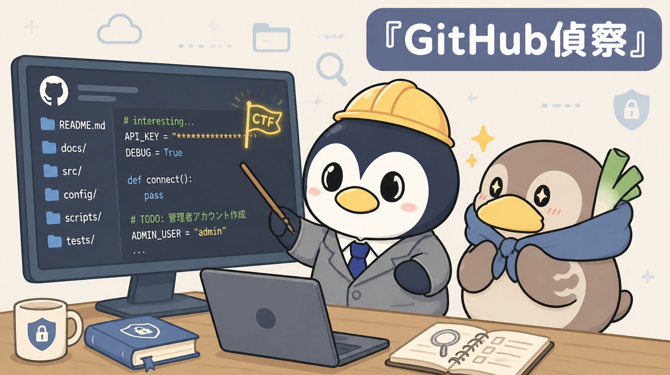 かも次郎とアンペンが「GitHub偵察」を解説するマスコットイラスト