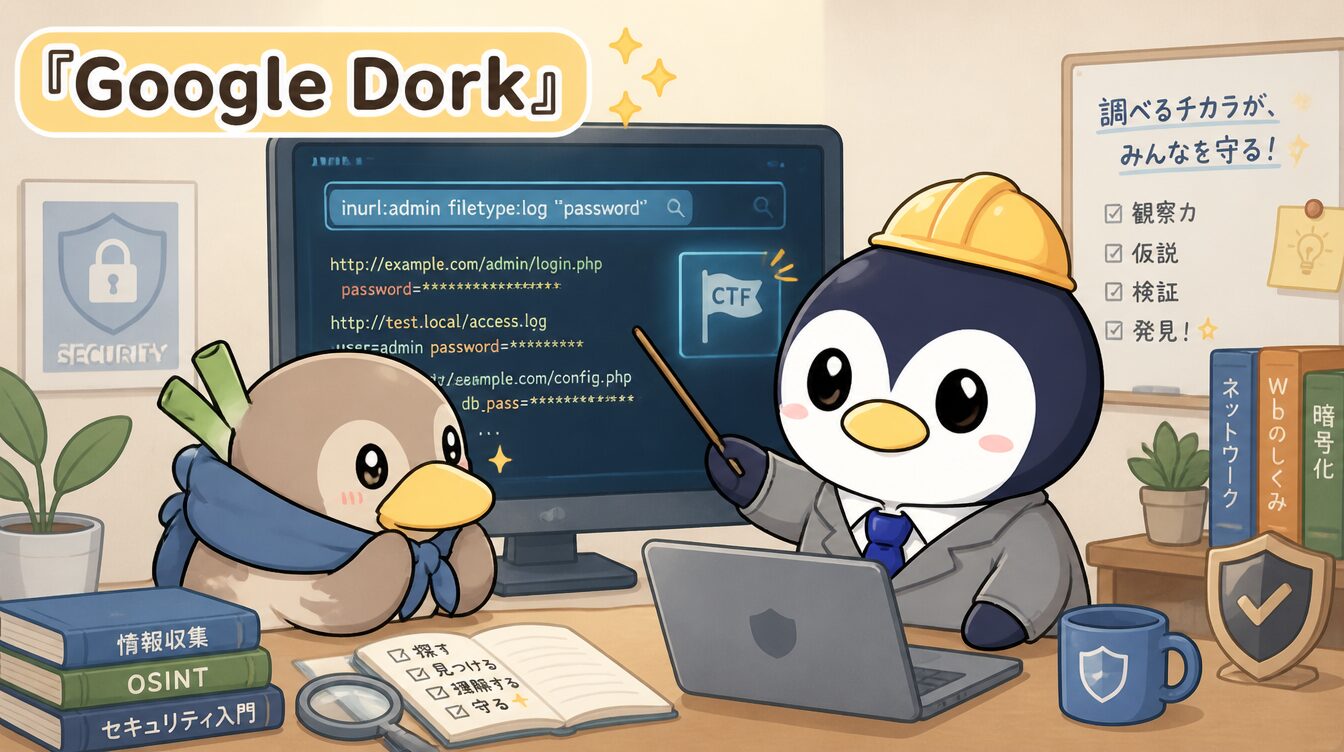 かも次郎とアンペンが「Google Dork」を解説するマスコットイラスト
