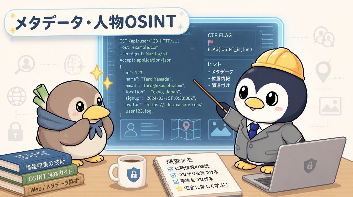 かも次郎とアンペンが「メタデータ・人物OSINT」を解説するマスコットイラスト