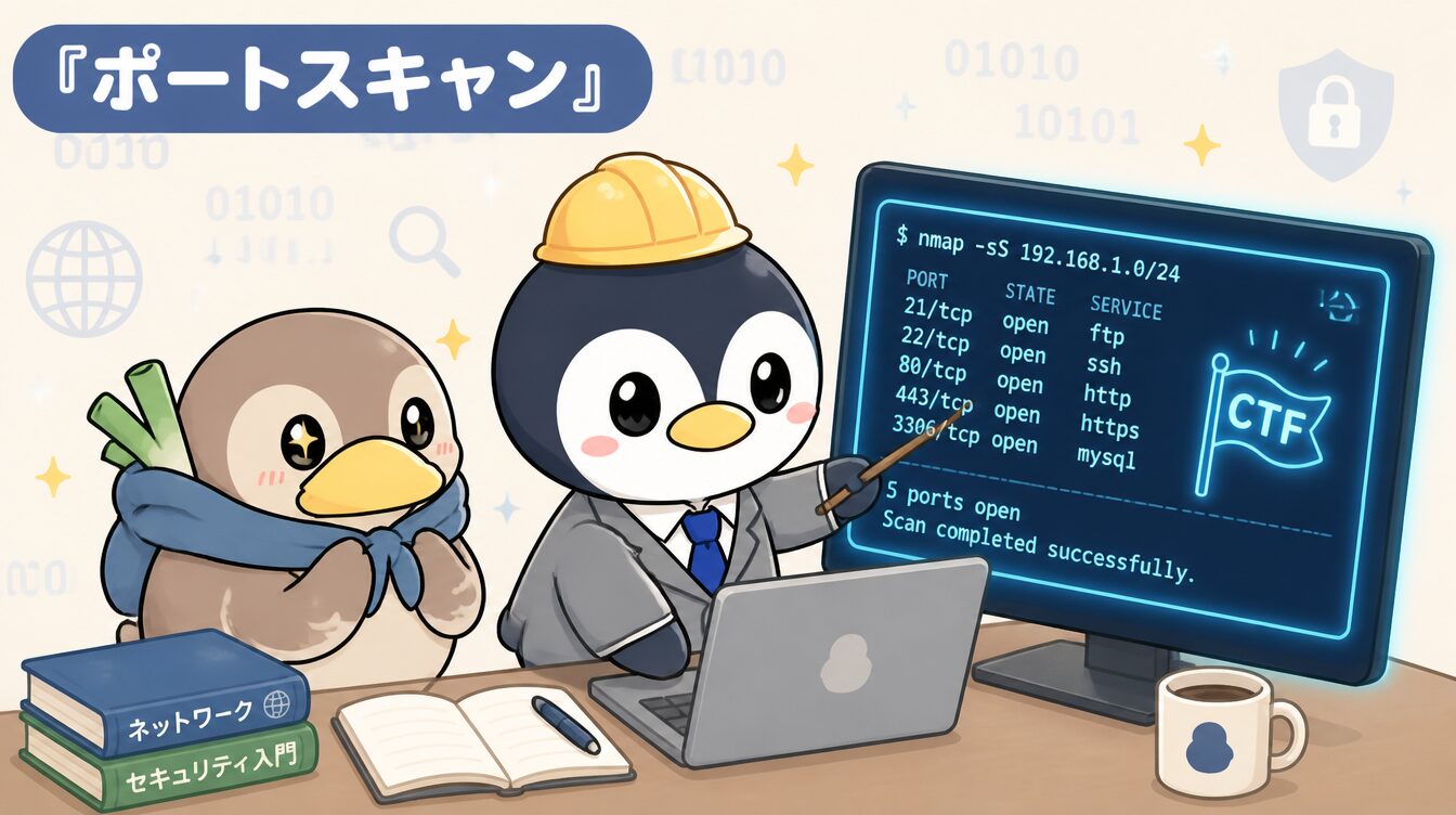 かも次郎とアンペンが「ポートスキャン」を解説するマスコットイラスト