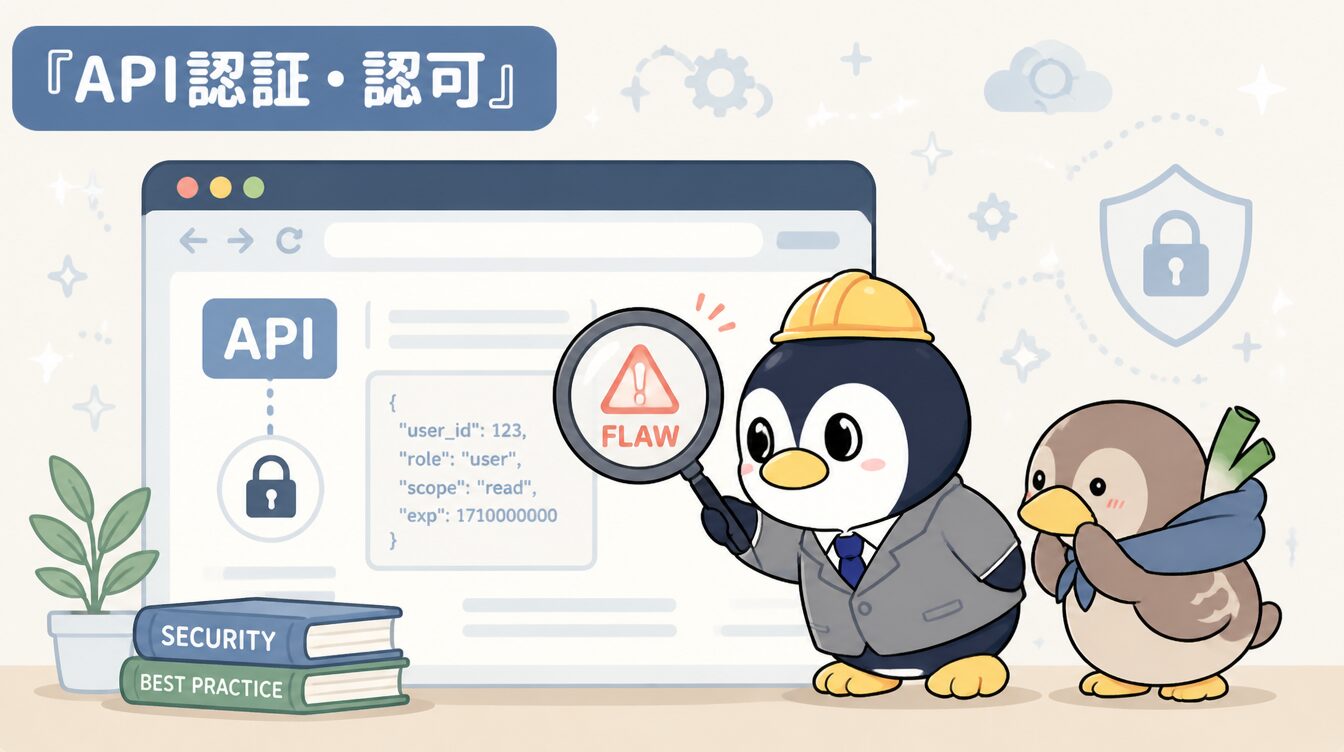 かも次郎とアンペンが「API認証・認可」を解説するマスコットイラスト