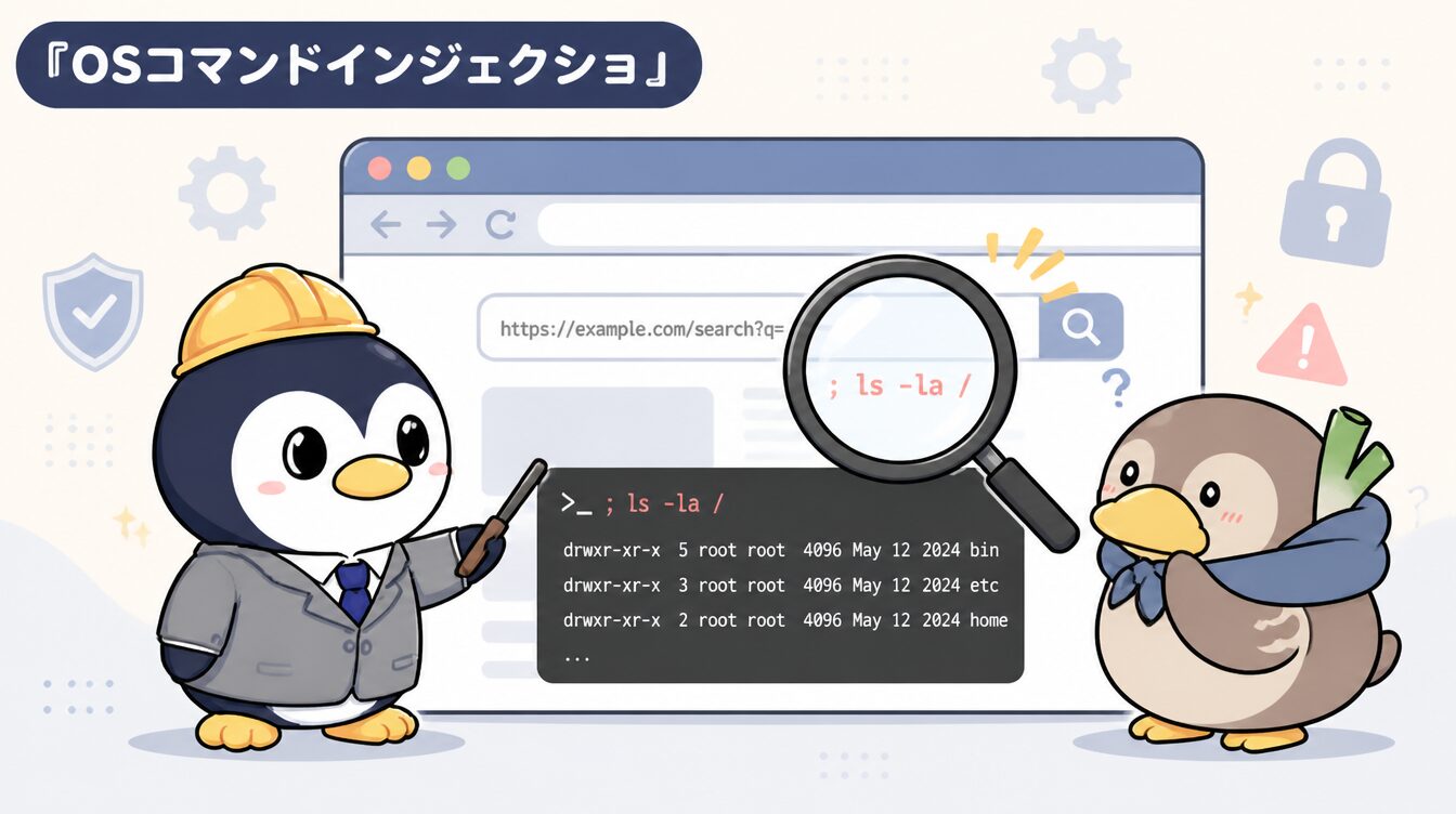 かも次郎とアンペンが「OSコマンドインジェクショ」を解説するマスコットイラスト