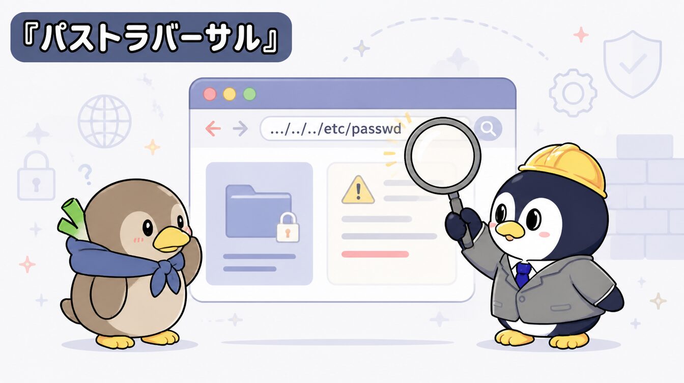 かも次郎とアンペンが「パストラバーサル」を解説するマスコットイラスト