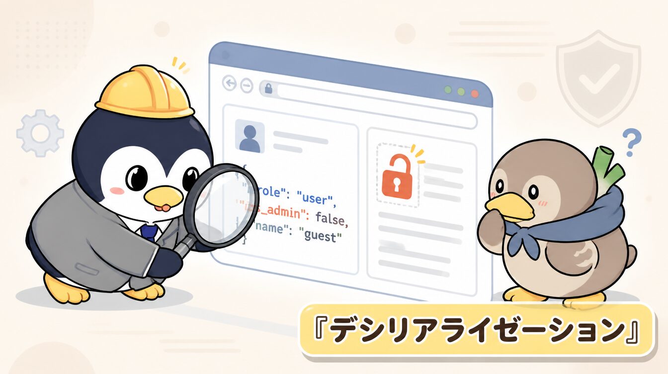 かも次郎とアンペンが「デシリアライゼーション」を解説するマスコットイラスト