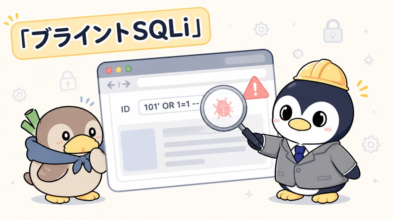 かも次郎とアンペンが「ブラインドSQLi」を解説するマスコットイラスト