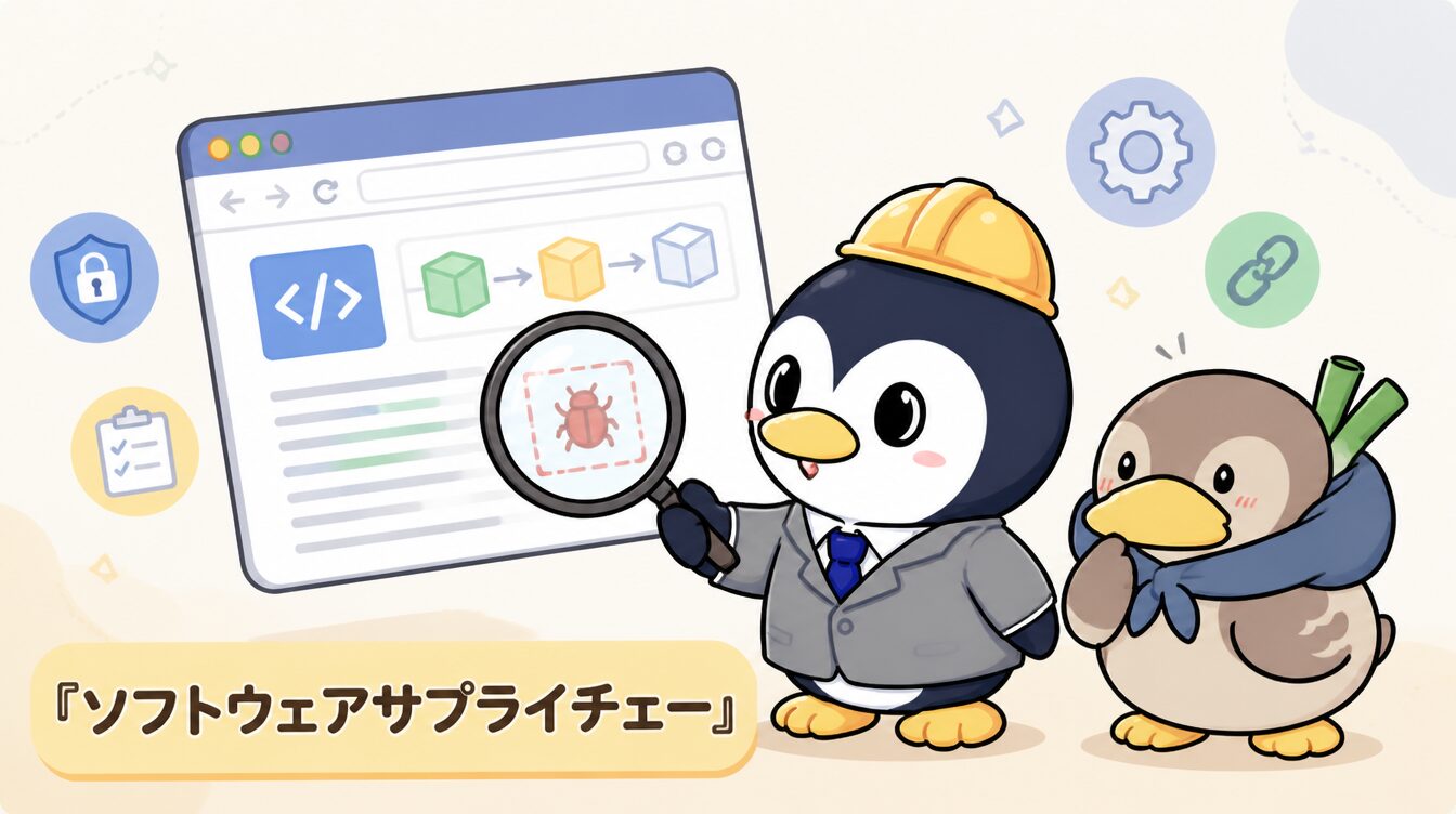 かも次郎とアンペンが「ソフトウェアサプライチェー」を解説するマスコットイラスト
