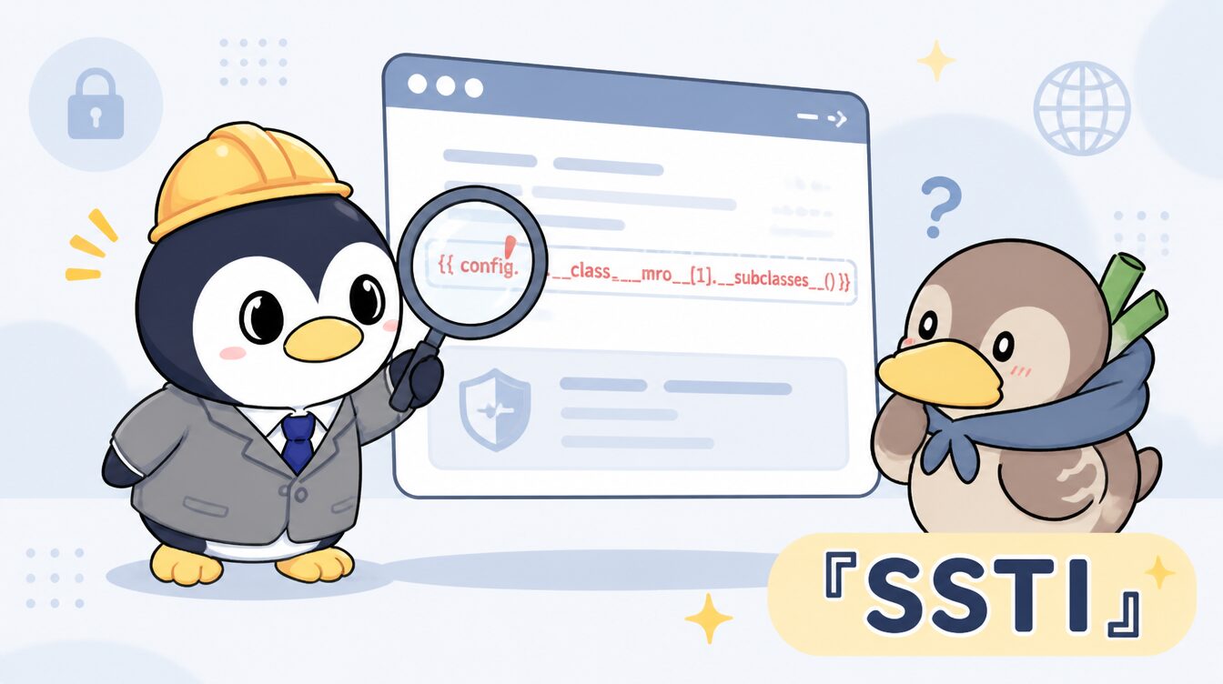 かも次郎とアンペンが「SSTI」を解説するマスコットイラスト