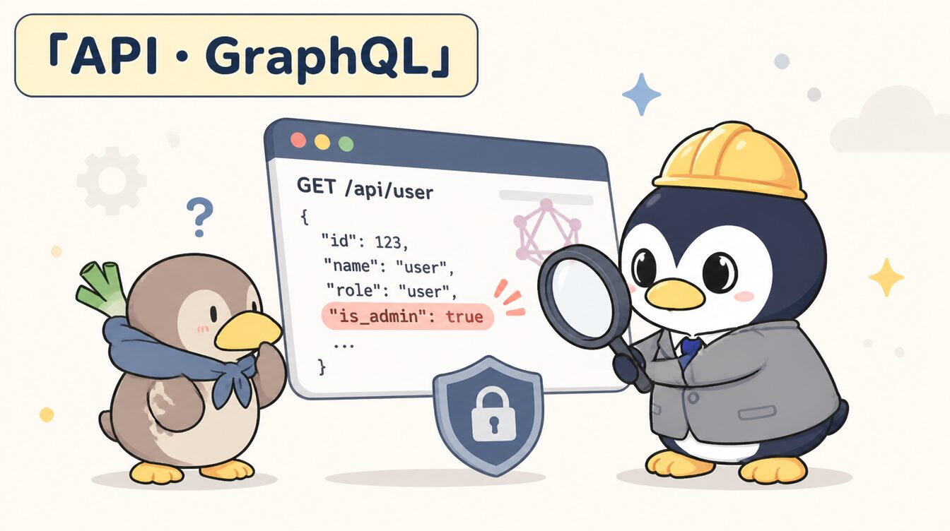 かも次郎とアンペンが「API・GraphQL」を解説するマスコットイラスト
