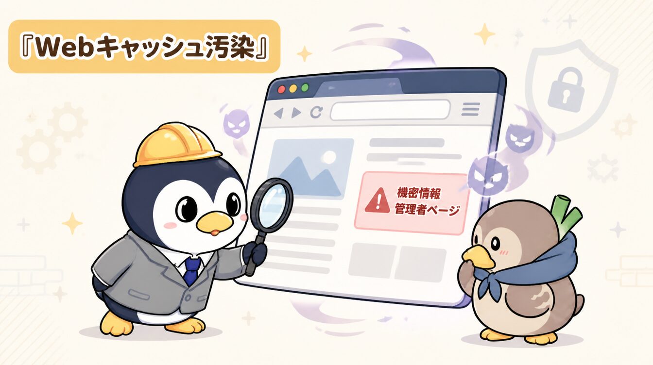 かも次郎とアンペンが「Webキャッシュ汚染」を解説するマスコットイラスト
