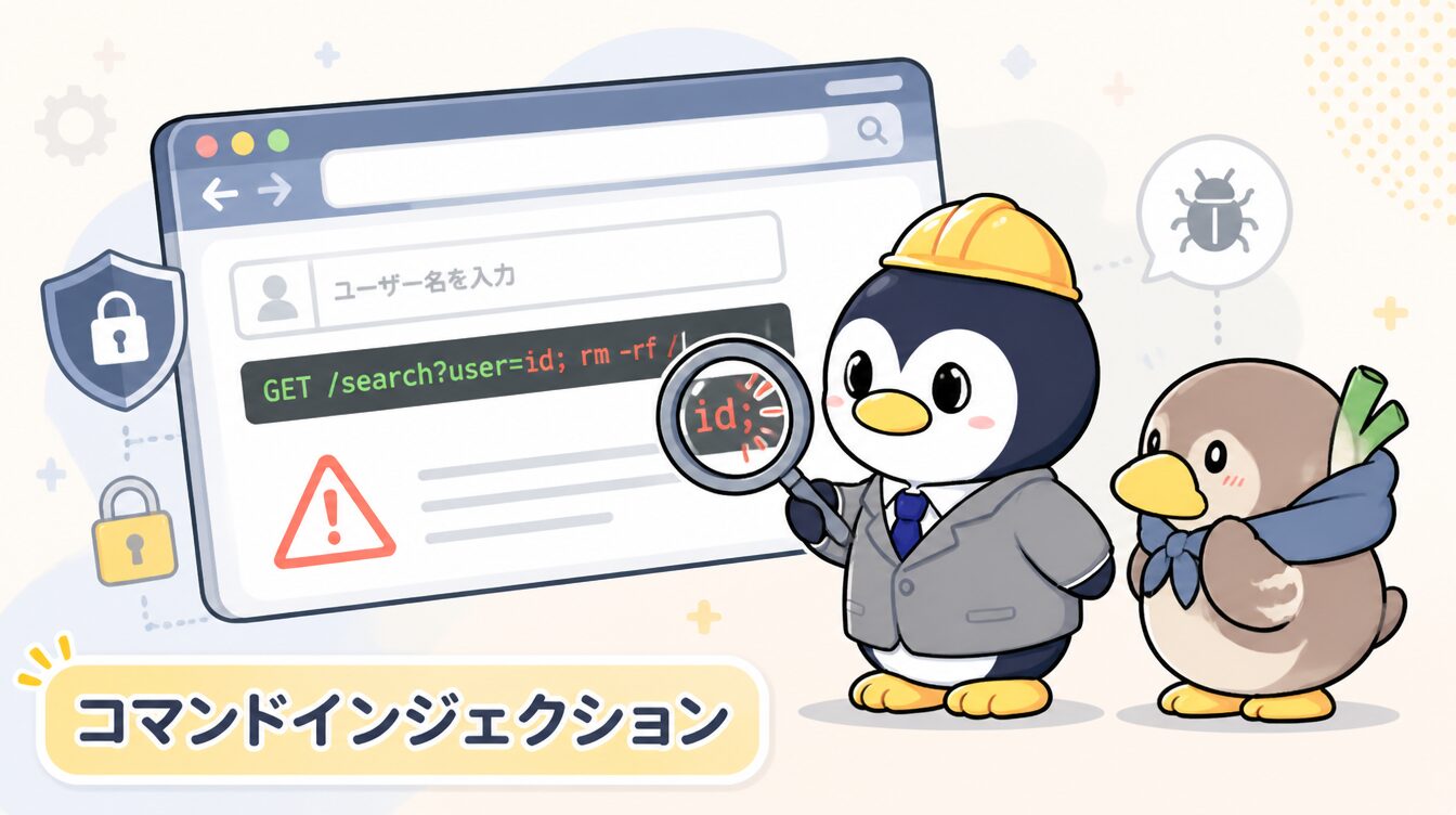 かも次郎とアンペンが「コマンドインジェクション」を解説するマスコットイラスト