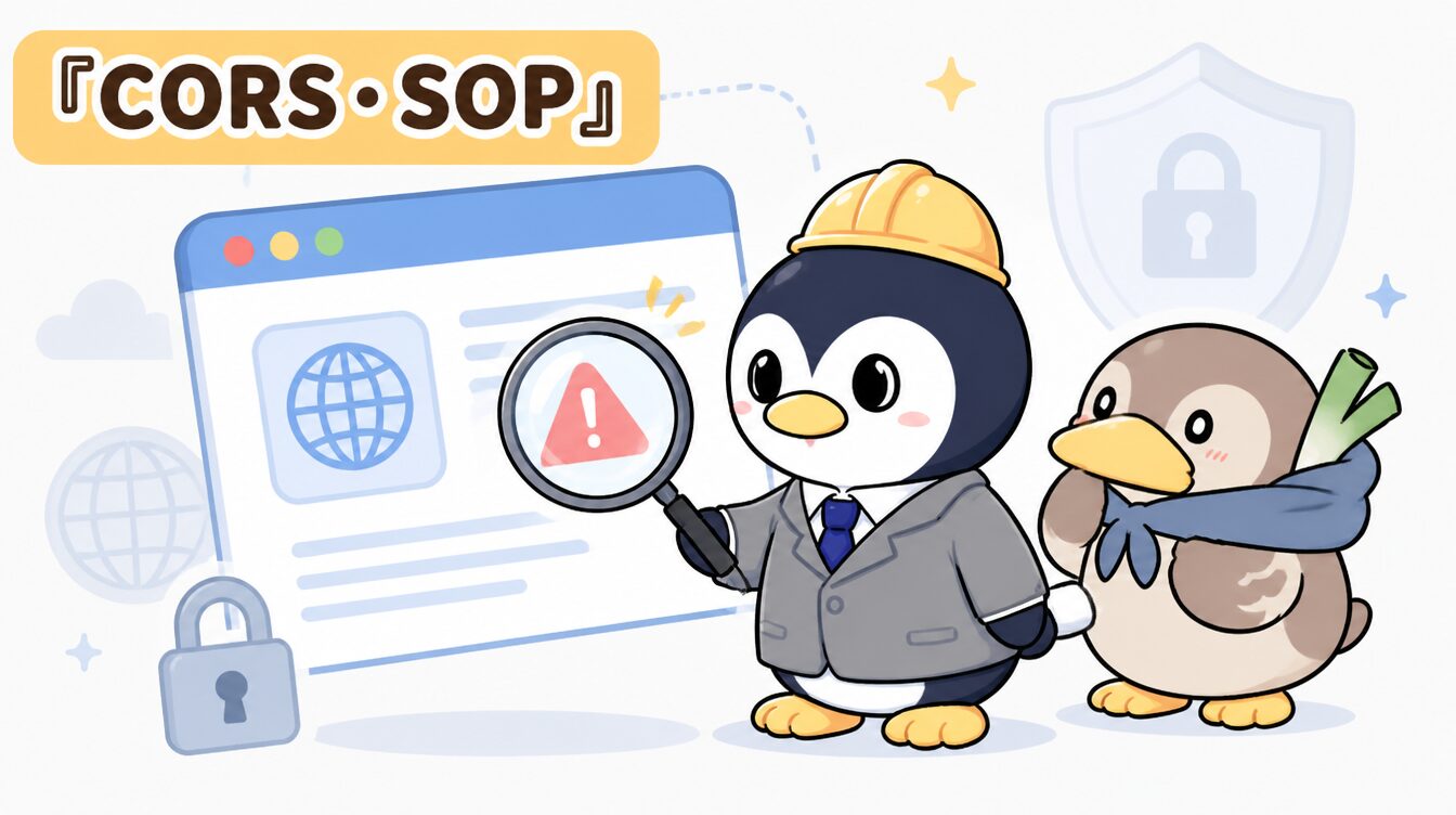 かも次郎とアンペンが「CORS・SOP」を解説するマスコットイラスト