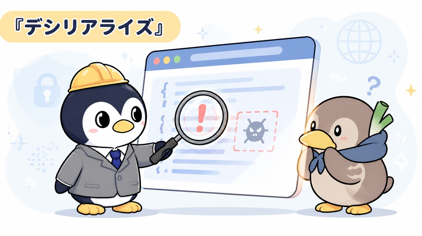 かも次郎とアンペンが「デシリアライズ」を解説するマスコットイラスト