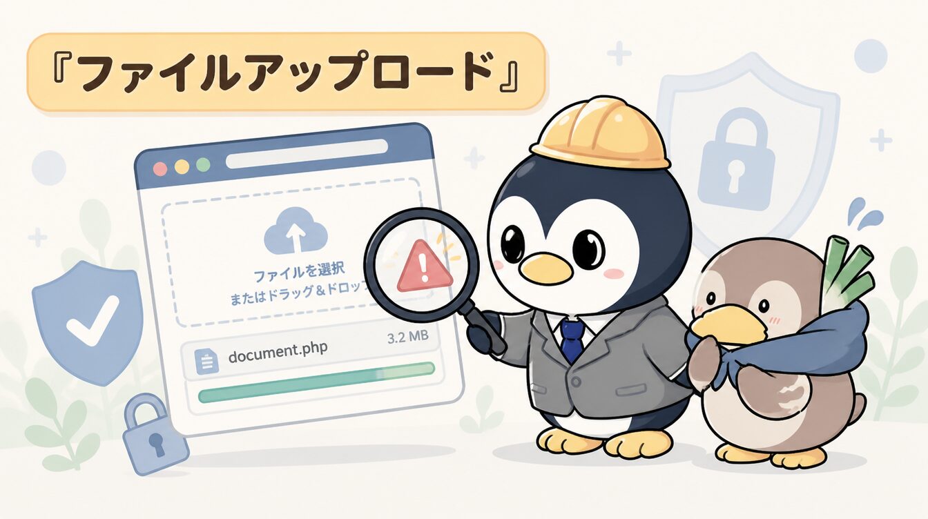 かも次郎とアンペンが「ファイルアップロード」を解説するマスコットイラスト