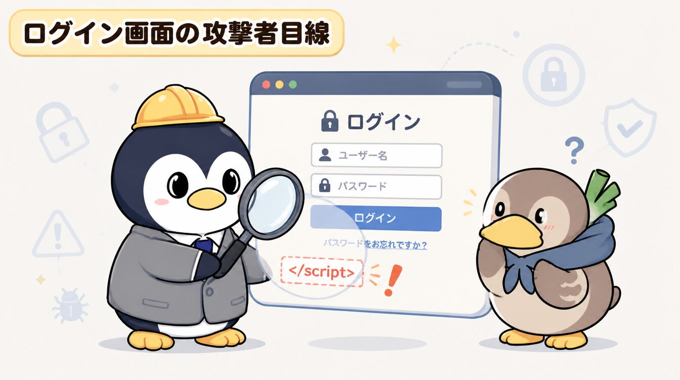 かも次郎とアンペンが「ログイン画面の攻撃者目線」を解説するマスコットイラスト