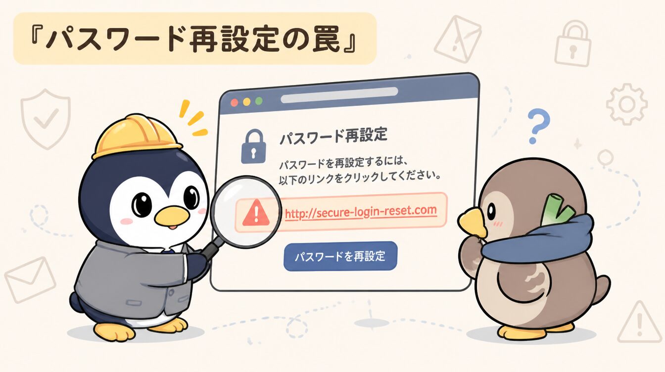 かも次郎とアンペンが「パスワード再設定の罠」を解説するマスコットイラスト