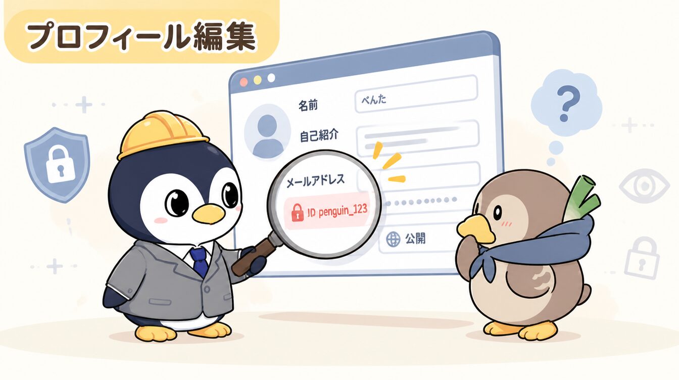 かも次郎とアンペンが「プロフィール編集」を解説するマスコットイラスト
