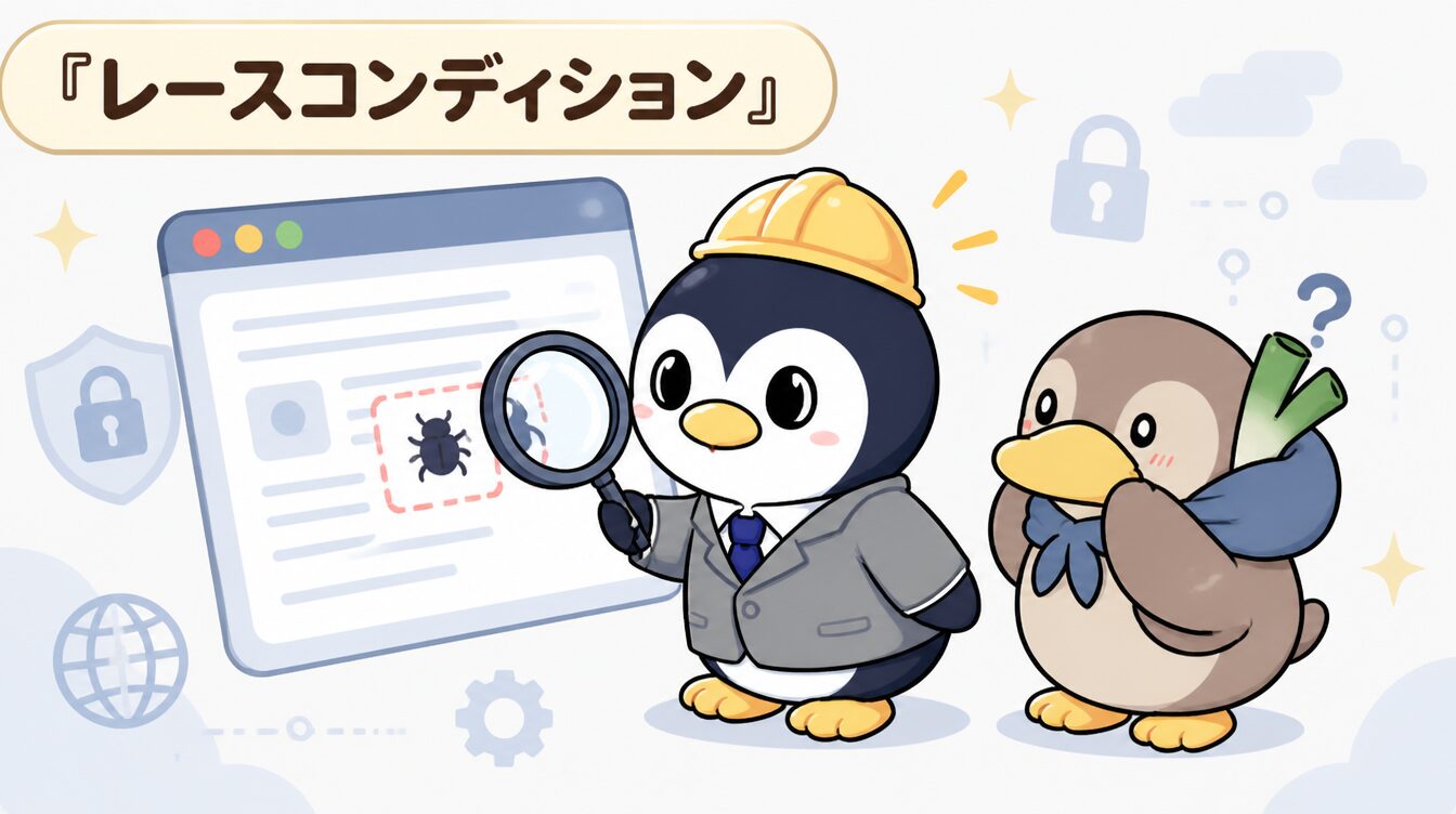 かも次郎とアンペンが「レースコンディション」を解説するマスコットイラスト
