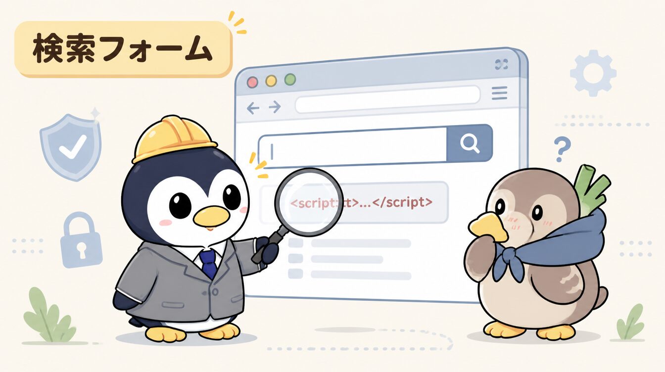 かも次郎とアンペンが「検索フォーム」を解説するマスコットイラスト