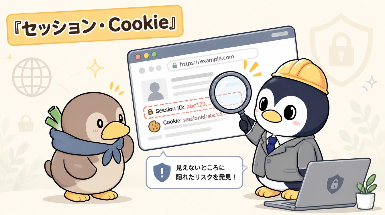 かも次郎とアンペンが「セッション・Cookie」を解説するマスコットイラスト