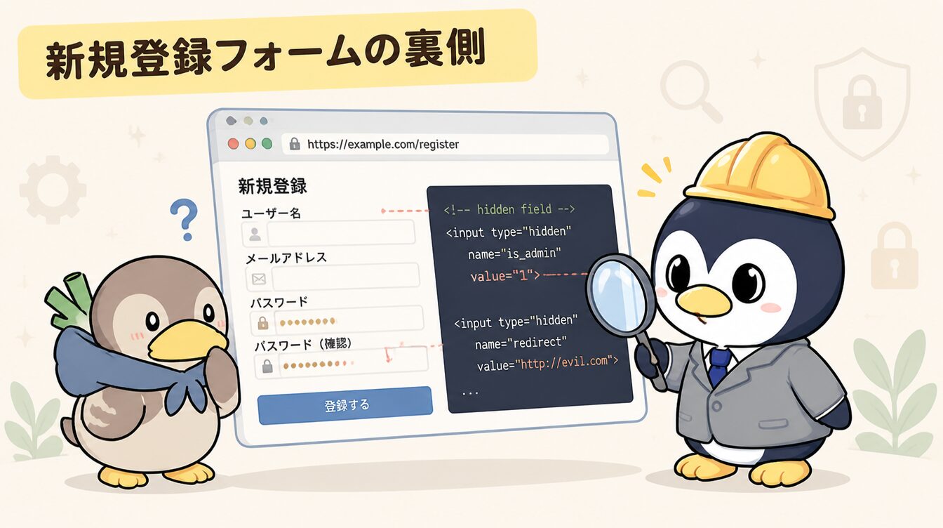 かも次郎とアンペンが「新規登録フォームの裏側」を解説するマスコットイラスト