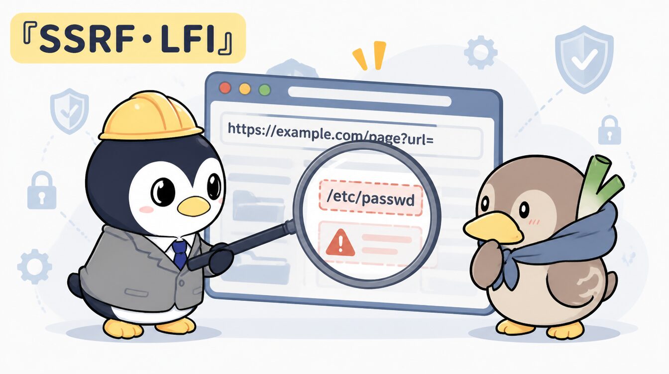 かも次郎とアンペンが「SSRF・LFI」を解説するマスコットイラスト