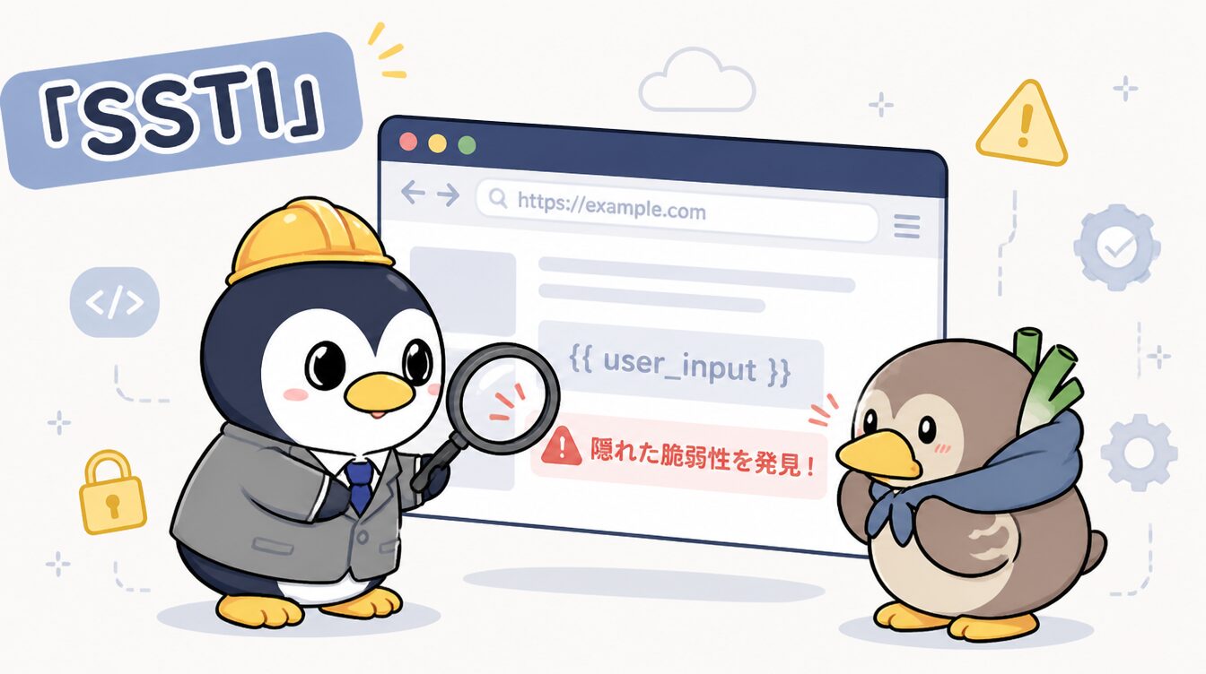 かも次郎とアンペンが「SSTI」を解説するマスコットイラスト