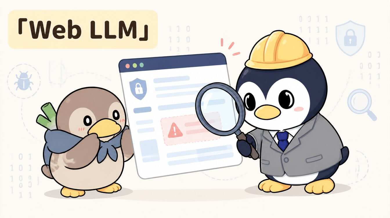 かも次郎とアンペンが「Web LLM」を解説するマスコットイラスト