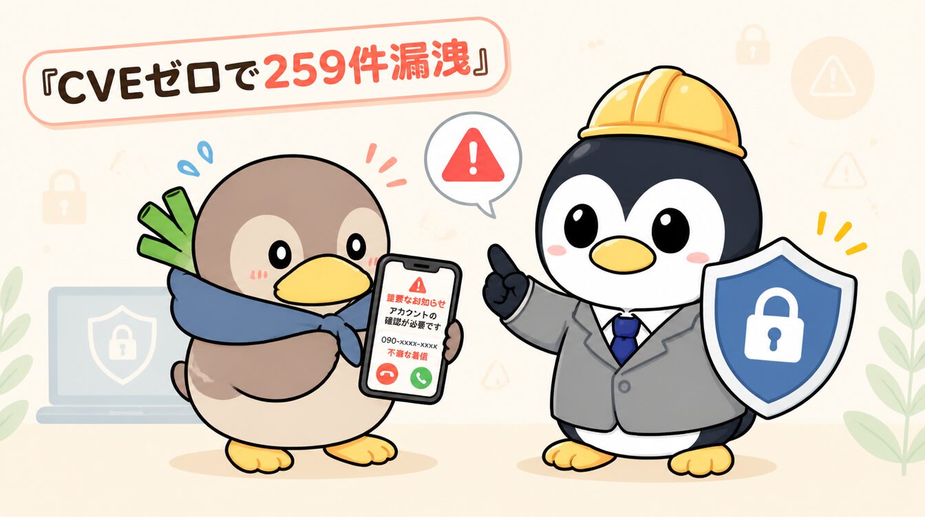 かも次郎とアンペンが「CVEゼロで259件漏洩」を解説するマスコットイラスト