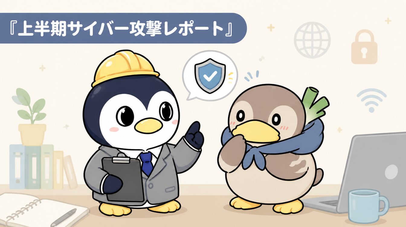 かも次郎とアンペンが「上半期サイバー攻撃レポート」を解説するマスコットイラスト